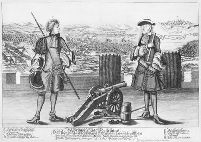 Carlos V, Duque de Lorena y Bar, con un ingeniero, en la batalla de Neuhausel contra los turcos en julio y agosto de 1685 de German School